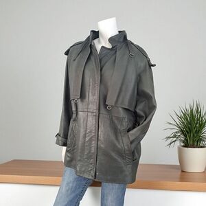 Vintage Women's dark green leather coat leather Jacket